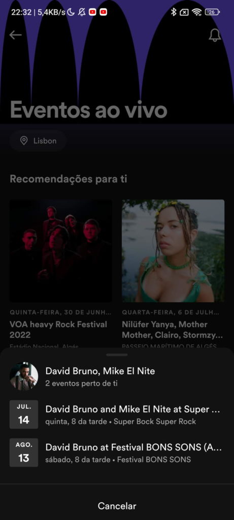 Spotify concertos vivo festivais músicas