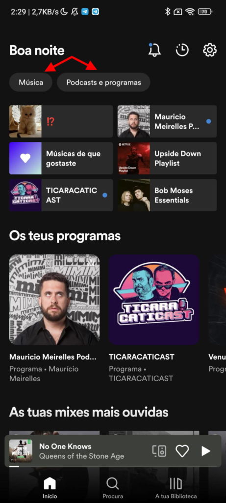 Spotify podcasts música interface escolher