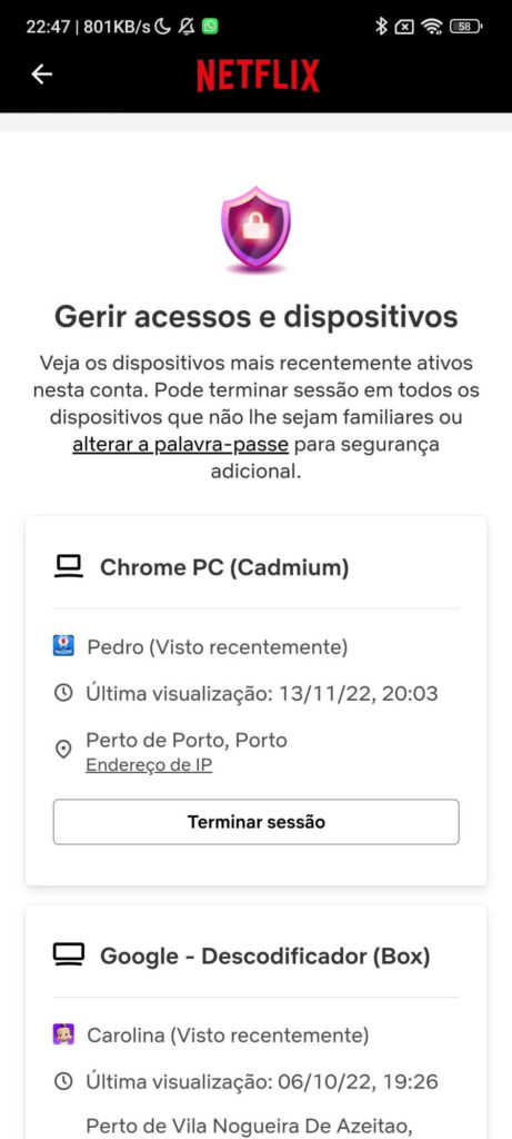 Netflix conta dispositivos sessão terminar