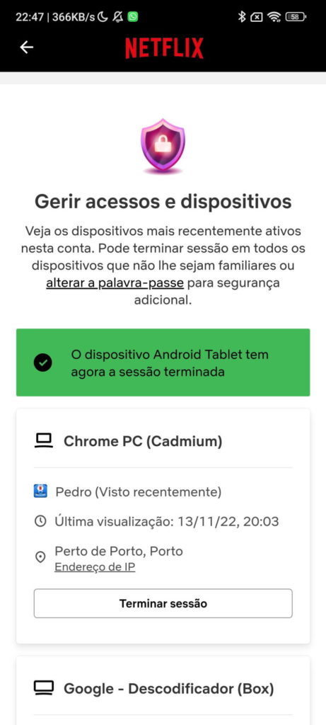 Netflix conta dispositivos sessão terminar