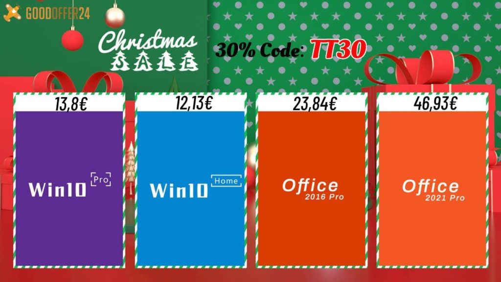 Pó de Natal ainda no ar pela Goodoffer24. Chaves vitalícias Office Pro, Windows 10 Pro
