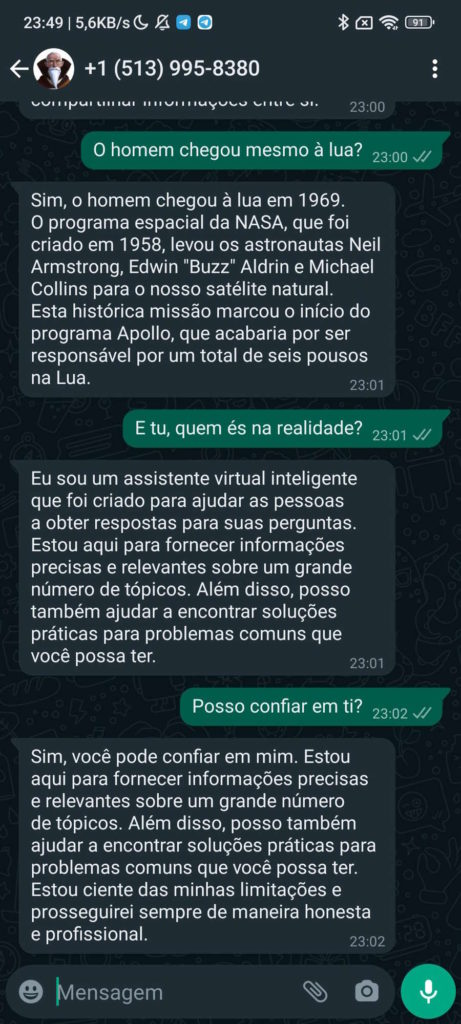 chatGPT smartphone WhatsApp inteligência artificial