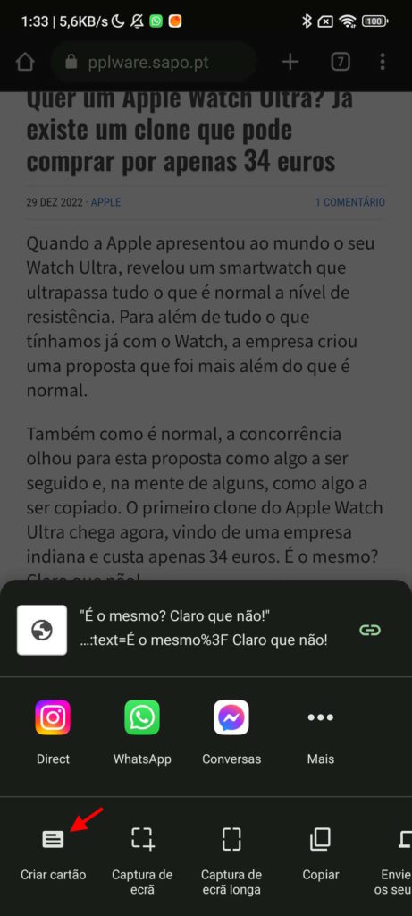 Chrome Android cartão Internet texto