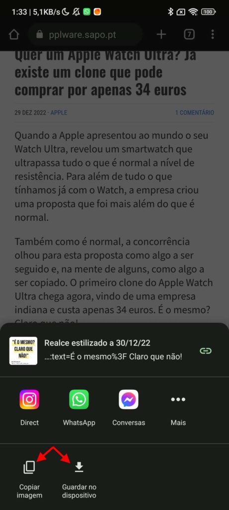 Chrome Android cartão Internet texto