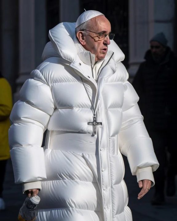 Imagem de Papa Francisco de casaco branco e cruz ao pescoço será verdadeira?