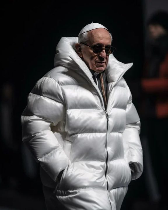Imagem de Papa Francisco de casaco branco e cruz ao pescoço será verdadeira?