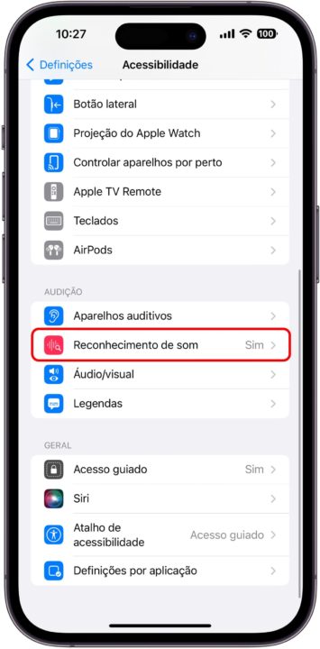 Imagem menu de configuração do Reconhecimento de som para AirPods