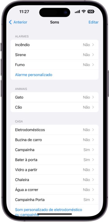 Imagem menu de configuração do Reconhecimento de som para AirPods