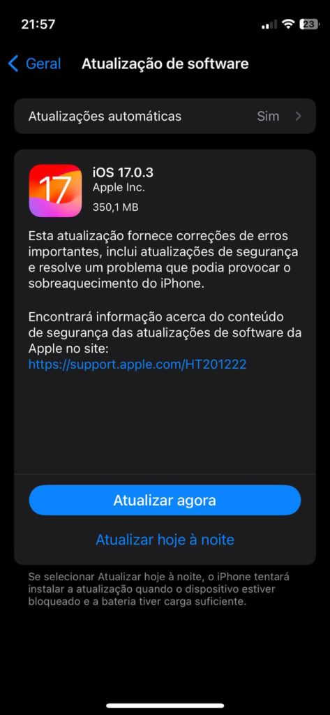 iPhone 15 Pro Apple atualização iOS 17.0.3