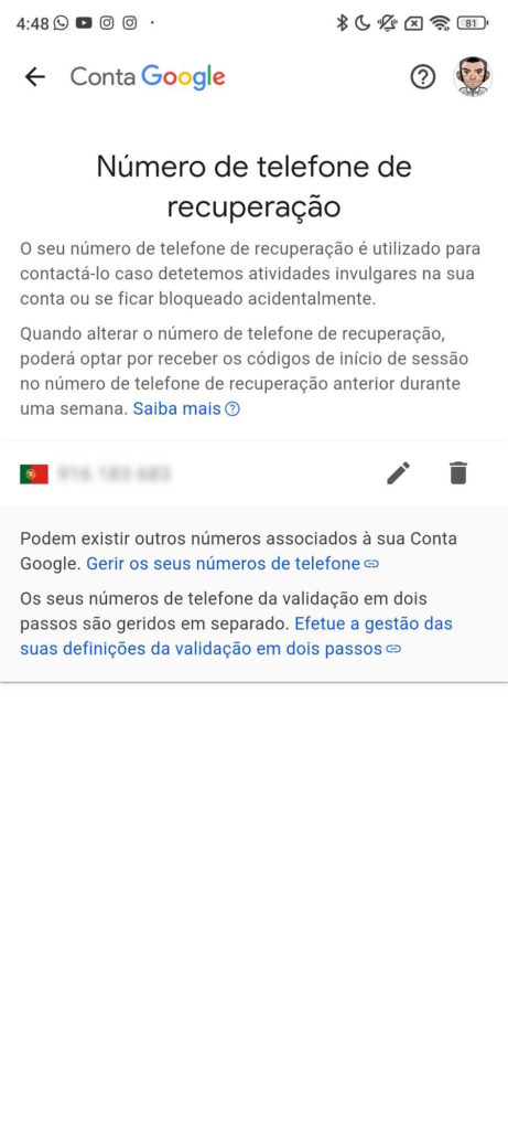 Google conta telefone e-mail recuperar