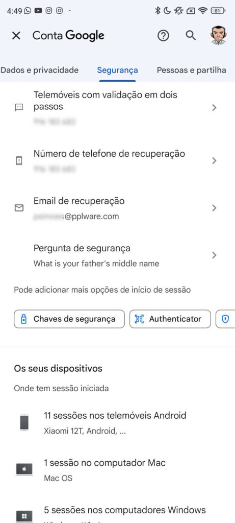 Google conta telefone e-mail recuperar