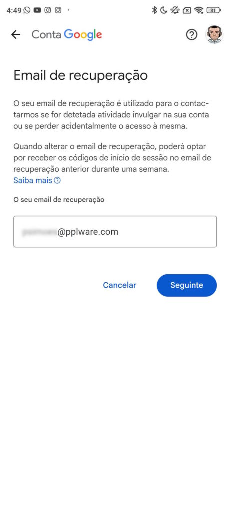 Google conta telefone e-mail recuperar
