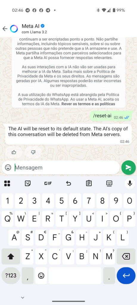 Meta AI WhatsApp IA apaga utilização