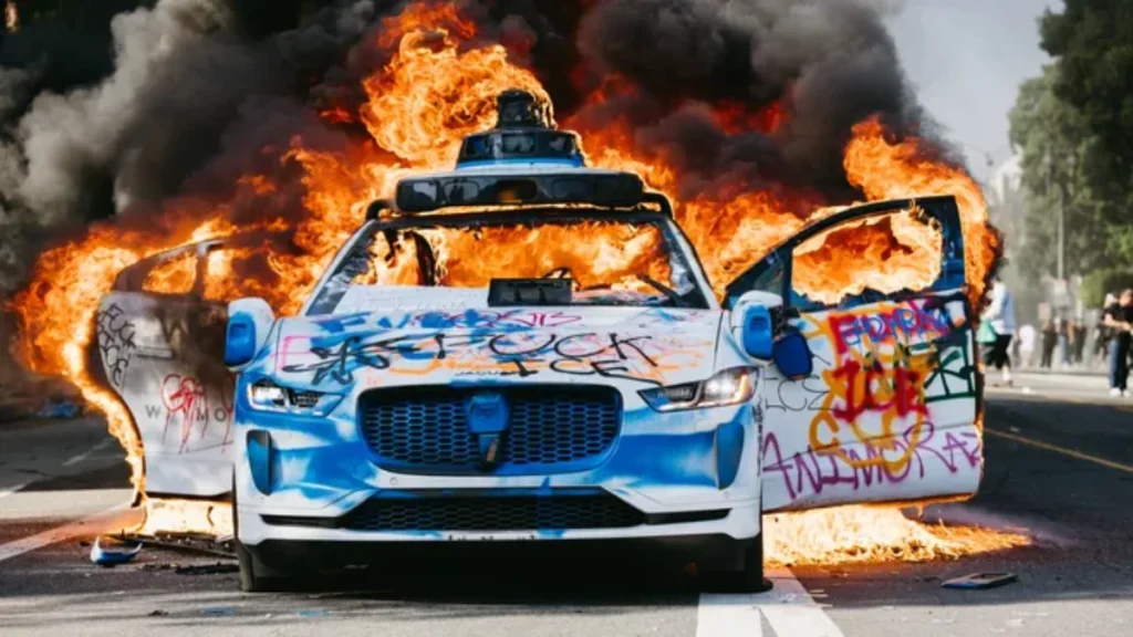 Vários carros elétricos de condução autónoma da Waymo incendiados em motins em LA