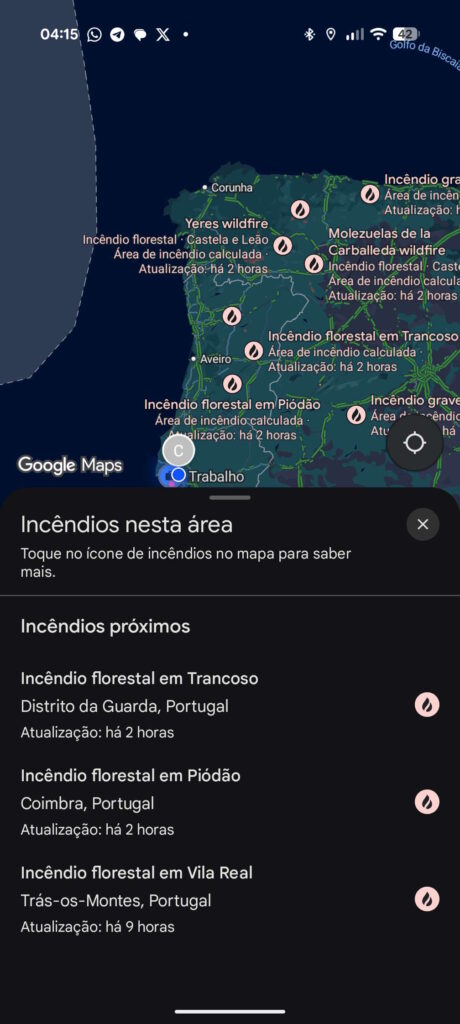 Google Maps fogos Portugal estradas cortadas