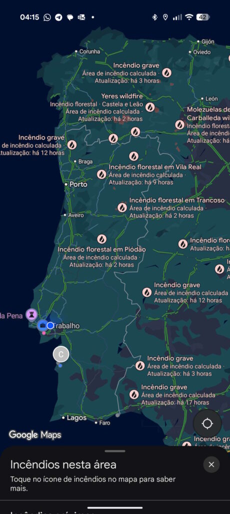 Google Maps fogos Portugal estradas cortadas