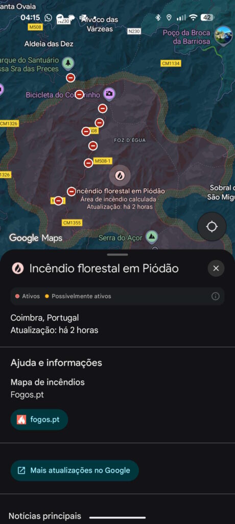 Google Maps fogos Portugal estradas cortadas