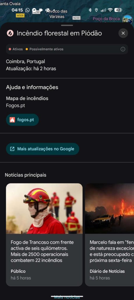 Google Maps fogos Portugal estradas cortadas