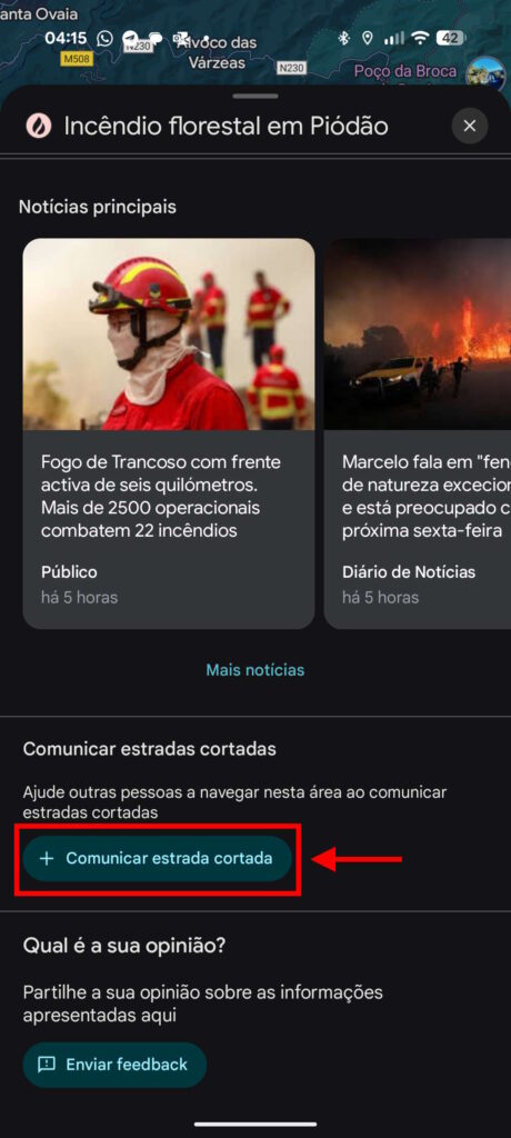 Google Maps fogos Portugal estradas cortadas