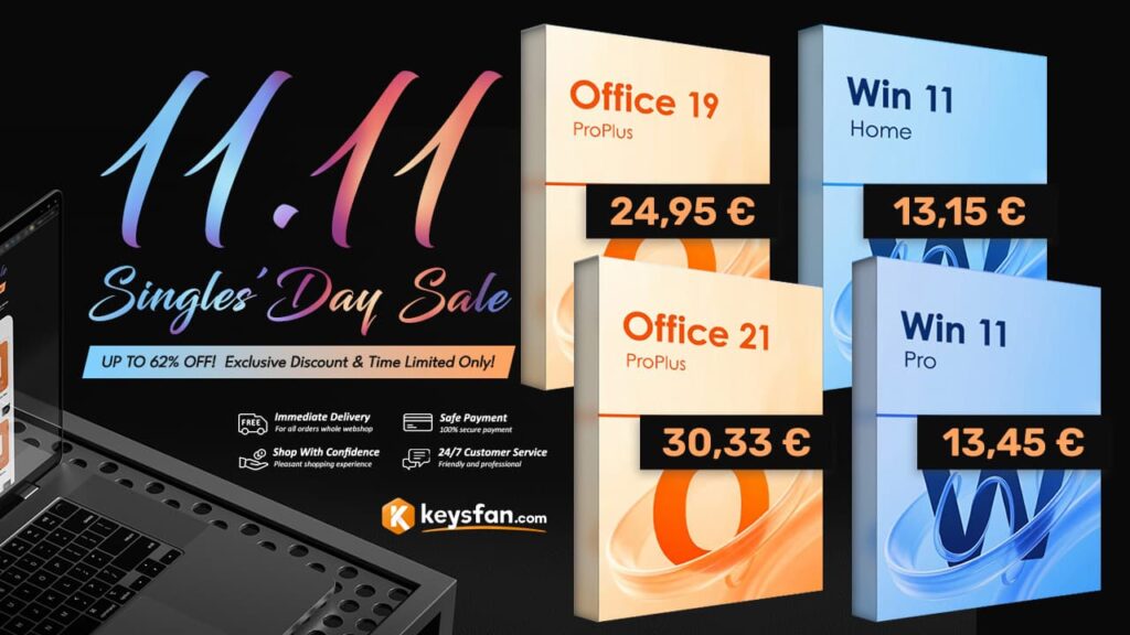 Singles’ Day Keysfan: chaves digitais Windows 11 e Office com descontos fortes
