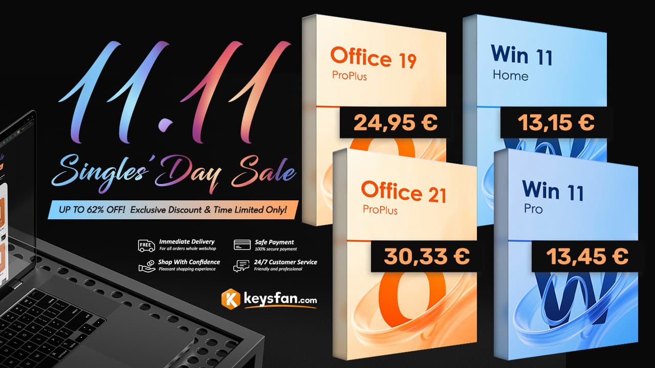 Singles’ Day Keysfan: chaves digitais Windows 11 e Office com descontos fortes